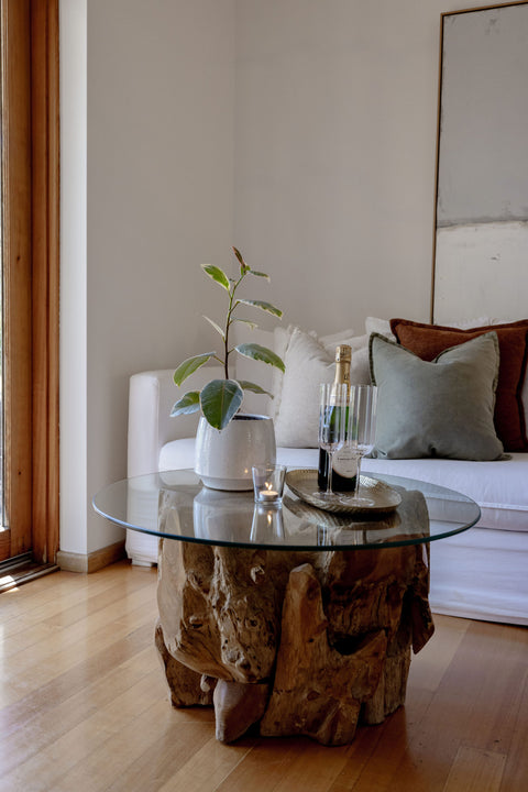 Living room with a glass coffee table on a wooden floor, featuring a plant and decorative items.