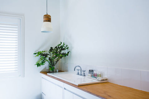 Modern kitchen with wooden countertop, sink, and plant